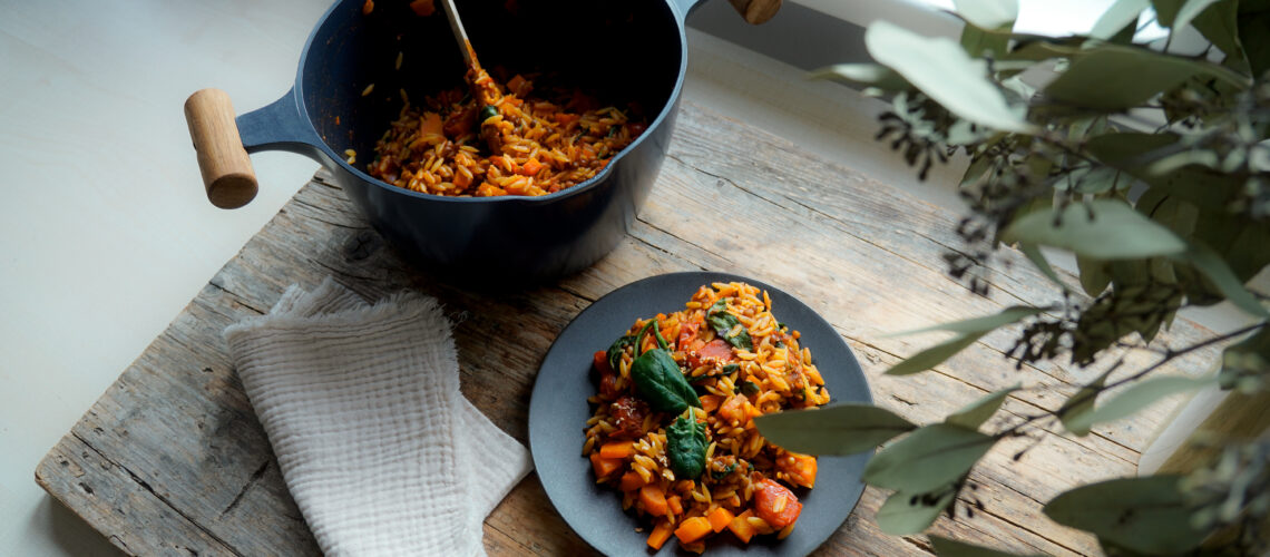 Gesunde One-Pot Orzo Pasta mit Linsen – Cremig & Proteinreich - einfaches Gericht aus einem Topf vegan Mrs Flury